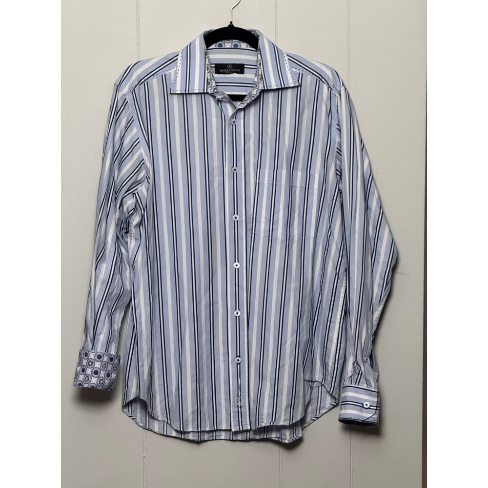 Bugatchi Uomo Mens Blue White Striped Long Sleeve Button Down Shirt Size M